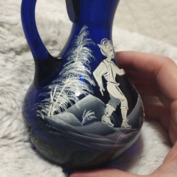 Vintage Set of Two Cobalt Blue Small Mary Gregory Cruets, Ewer Hand Painted Pair - Picture 7 of 15